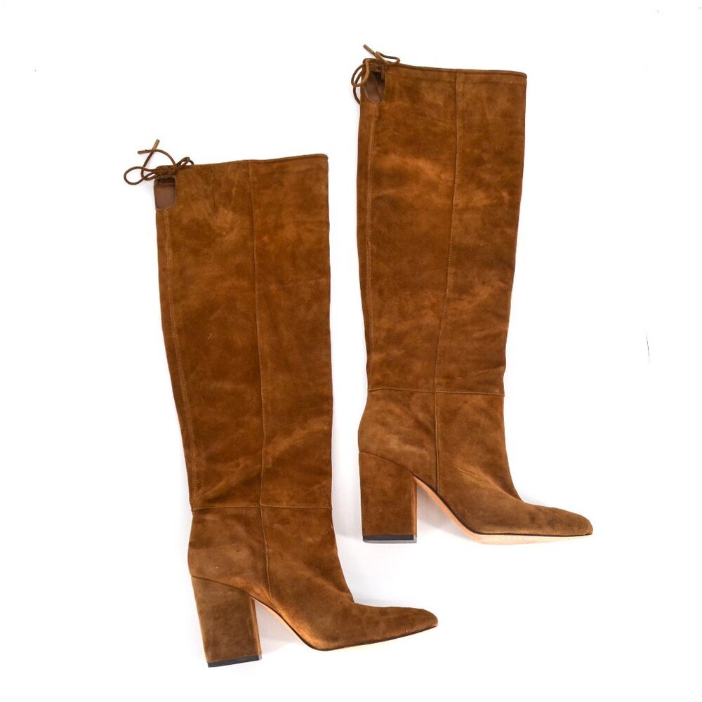Vince Camuto Sarelia Knee High Boots Suede Brown Block Heel Wide Calf 7 US 37.5